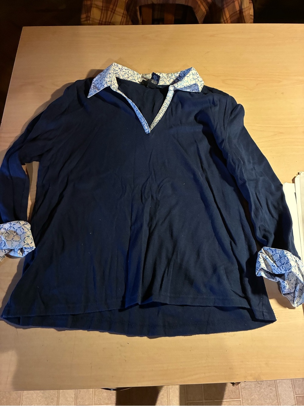 Karen Scott Navy Blue Long Sleeve Popover with Printed Collar
